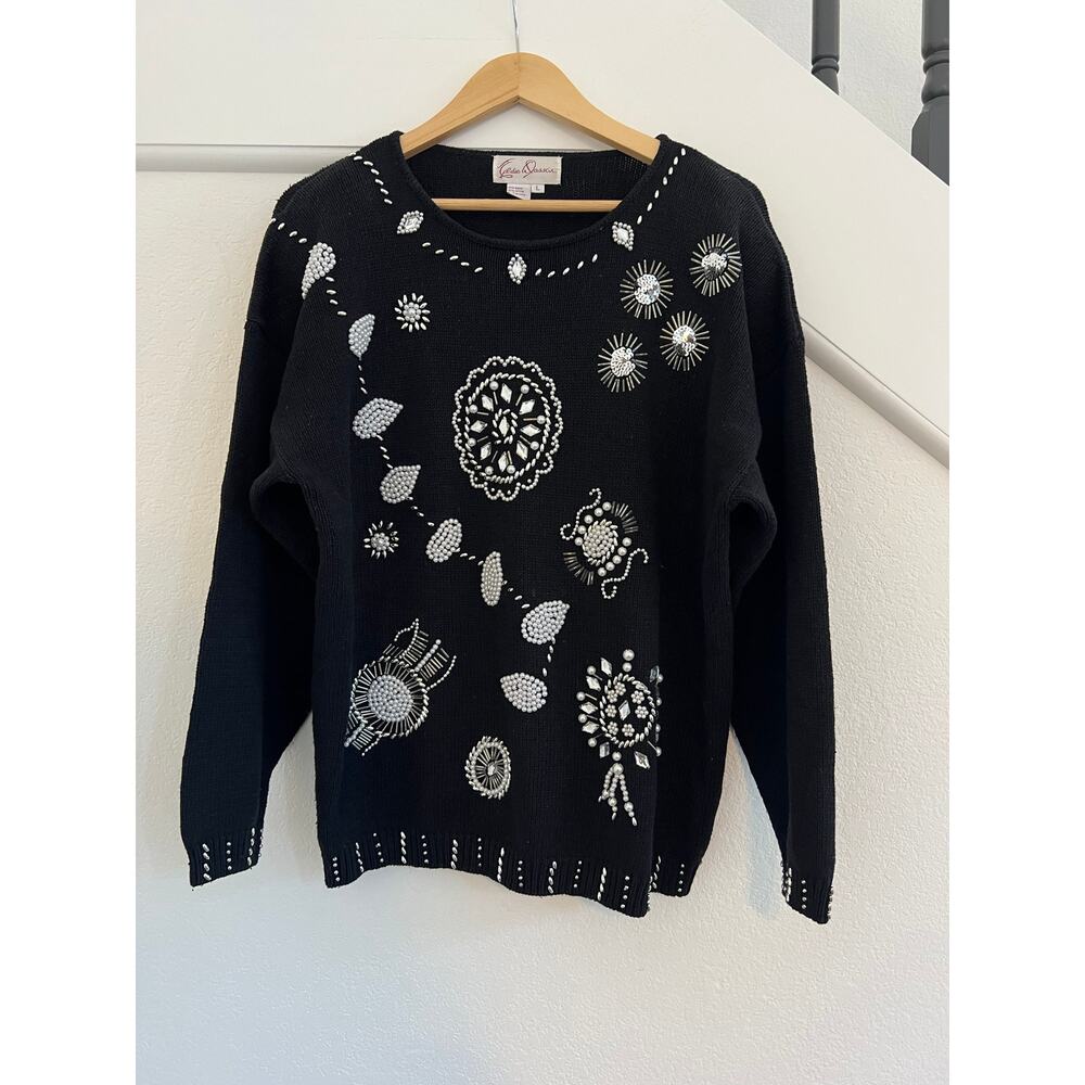 Vintage Eddie Dassin Womens Black Sequin  Beaded Knit Chunky Sweater Large